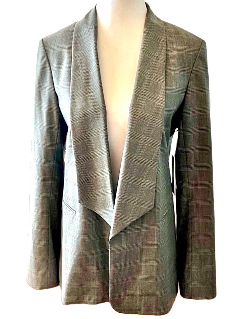 NWT Emerson Rose Nordstrom Grey Slate Plaid Open Front Blazer Jacket 10 Stretch